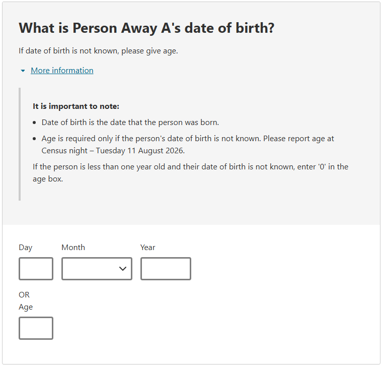This image shows a question from the 2026 Census online form. This question asks: What is Person Away A’s date of birth? 