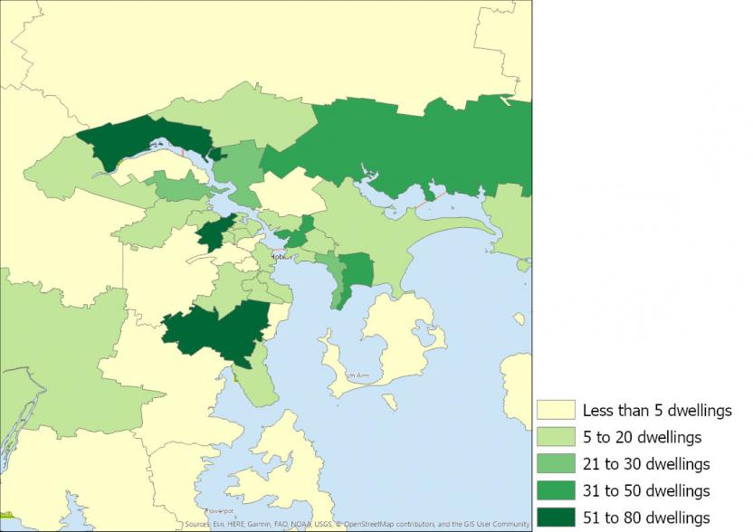 Figure 17: Number of townhouses completed, Tasmania SA2s, 2016 to 2019