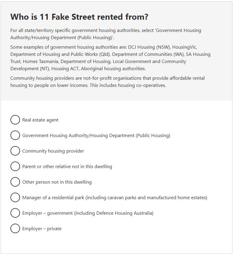 This image shows a question from the 2026 Census online form. This question asks: Who is 11 Fake Street rented from? 