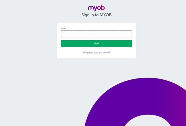 MYOB sign in screen