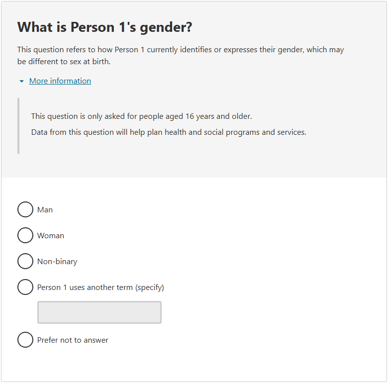 This image shows a question from the 2026 Census online form. This question asks: What is Person 1’s gender? 
