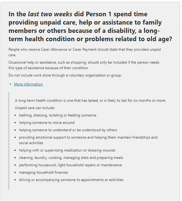 Additional information relating to the question: In the last two weeks did the person spend time providing unpaid care, help or assistance to family members or others because of a disability, a long-term health condition or problems related to old age?