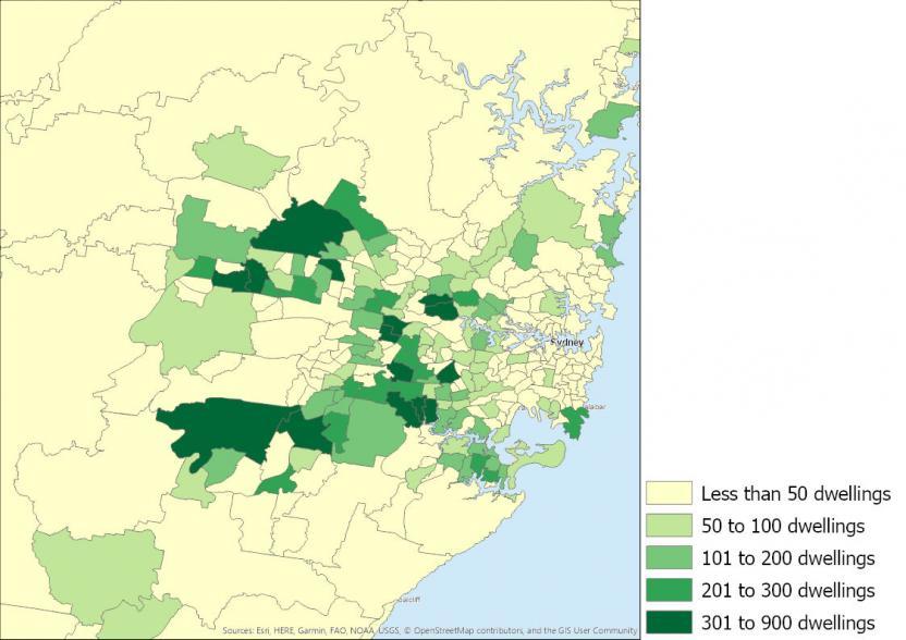 Figure 2: Number of townhouses completed, New South Wales SA2s, 2016 to 2019