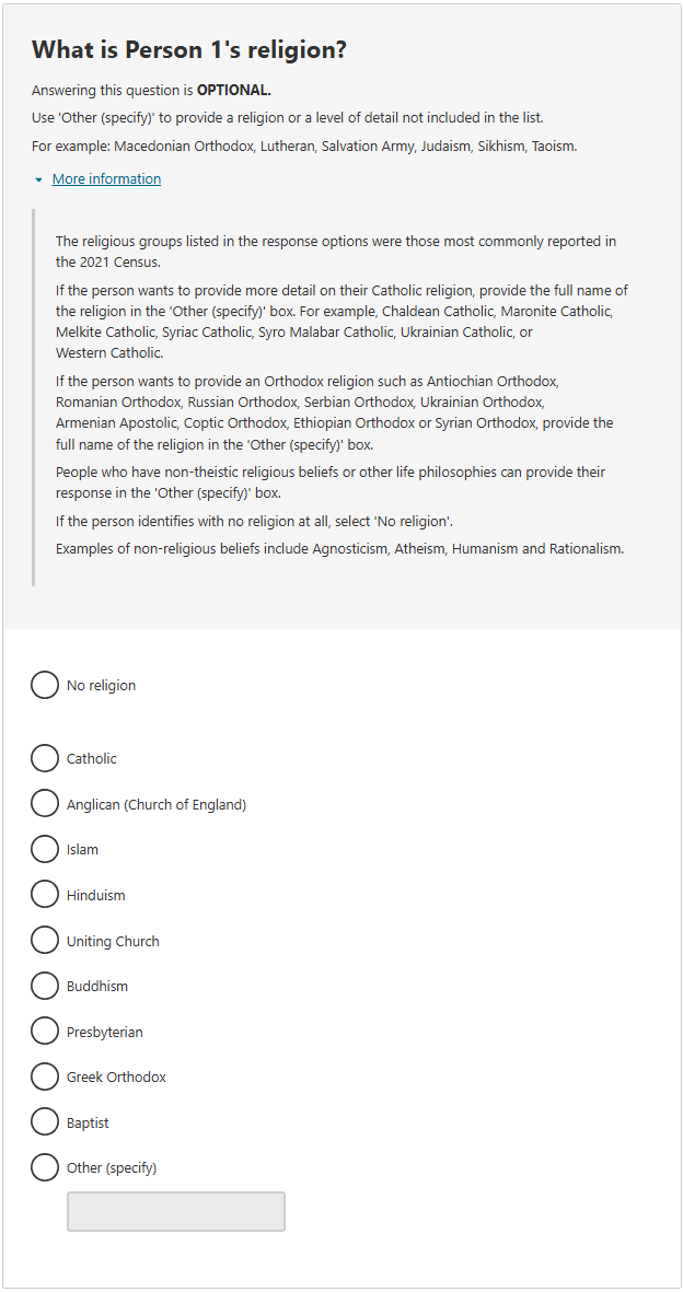 This image shows a question from the 2026 Census online form. This question asks: What is Person 1’s religion?