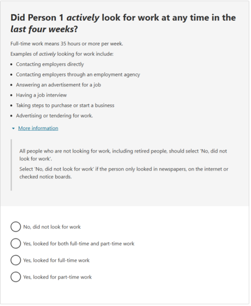 This image shows a question from the 2026 Census online form. This question asks: Did Person 1 actively look for work at any time in the last four weeks?