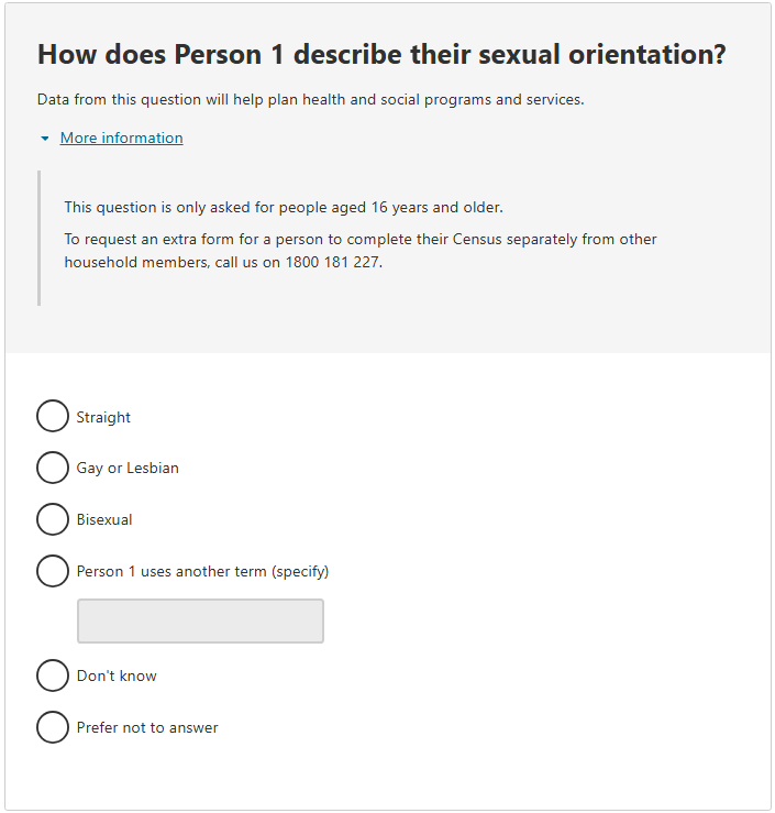 This image shows a question from the 2026 Census online form. This question asks: How does Person 1 describe their sexual orientation?