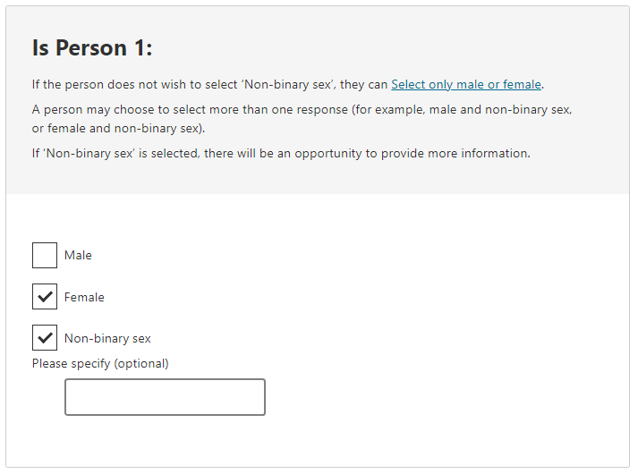 Sex example - Female, Non-binary sex response selected