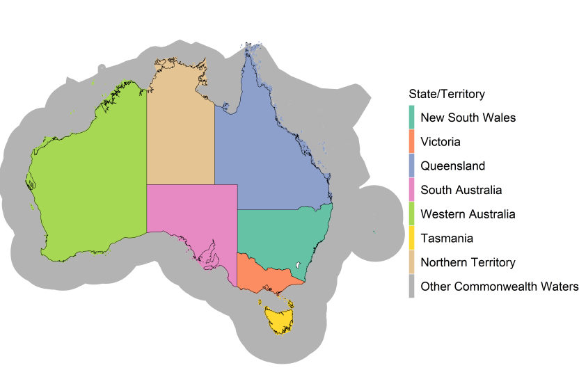 A map of Australia showing the state and territory coastal water boundaries in different colours. Waters that fall outside state coastal water boundaries but within the Australian maritime boundaries are classified as Other Commonwealth Waters, and are shown in grey. 
