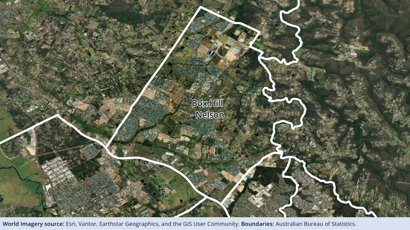 Image showing the 2021 Box Hill - Nelson SA2 over aerial imagery. Full description can be found in the 'Description' tab above the image.