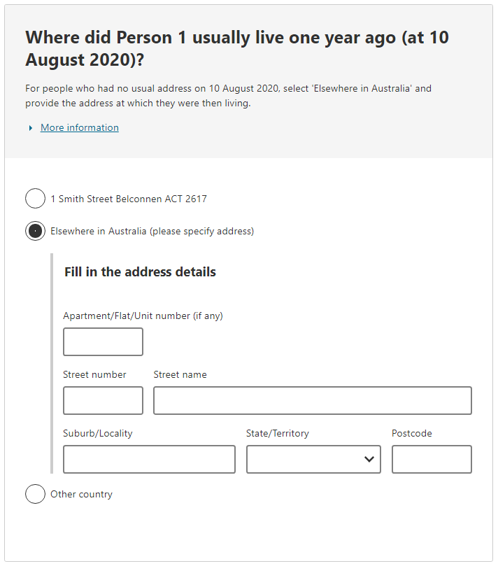 Place of usual residence one year ago example - elsewhere in Australia response selected