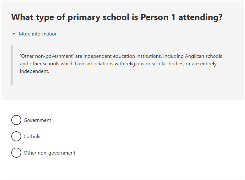 This image shows a question from the 2026 Census online form. This question asks: What type of primary school is Person 1 attending?