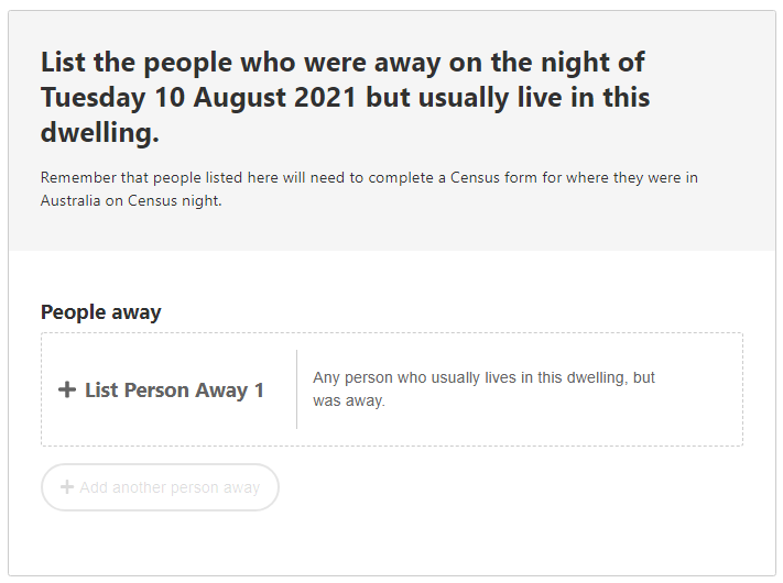 List the people who will be away on the night of Tuesday 10 August 2021 but usually live in this dwelling