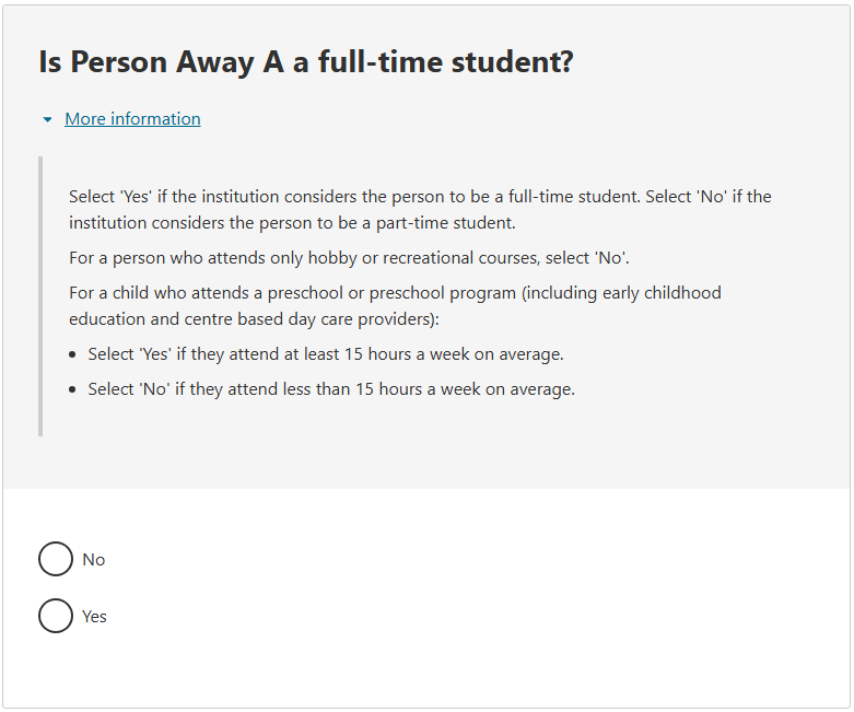 This image shows a question from the 2026 Census online form. This question asks: Is Person Away A a full-time student?