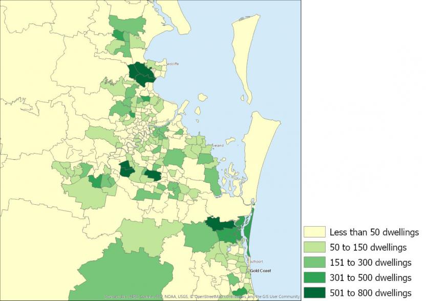 Figure 8: Number of townhouses completed, Queensland SA2s, 2016 to 2019