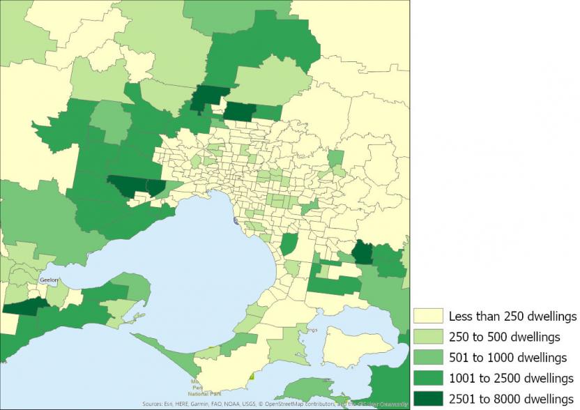 Map of the number of houses completed in Victoria by SA2 from 2016 to 2019