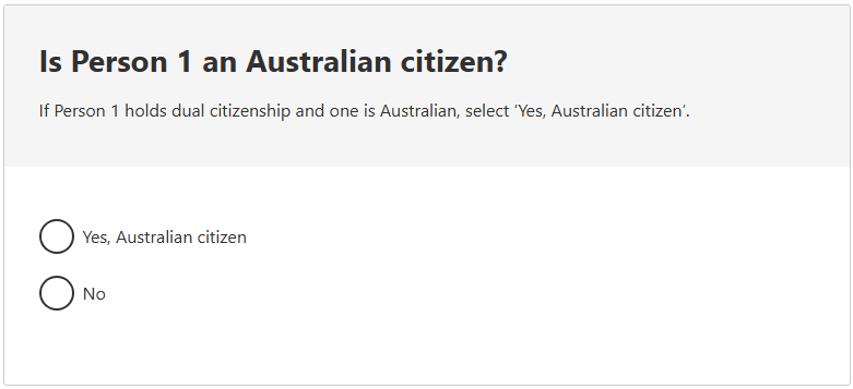 This image shows a question from the 2026 Census online form. This question asks: Is Person 1 an Australian citizen? 
