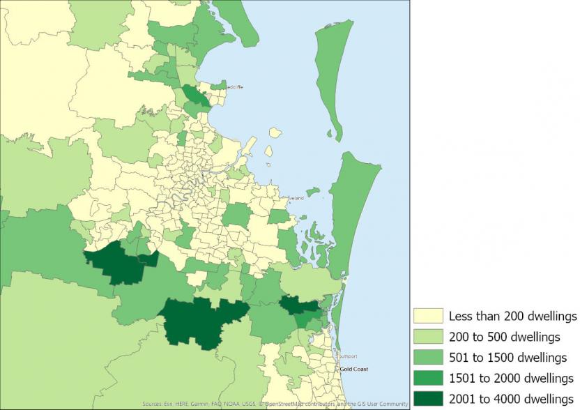 Figure 7: Number of houses completed, Queensland SA2s, 2016 to 2019