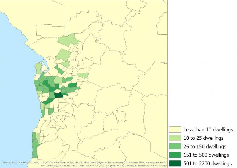 Figure 12: Number of apartments completed, South Australia SA2s, 2016 to 2019
