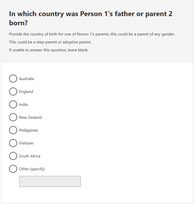 This image shows a question from the 2026 Census online form. This question asks: In which country was Person 1’s father or parent 2 born?