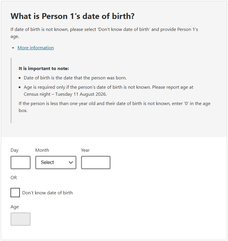 This image shows a question from the 2026 Census online form. This question asks: What is Person 1’s date of birth?