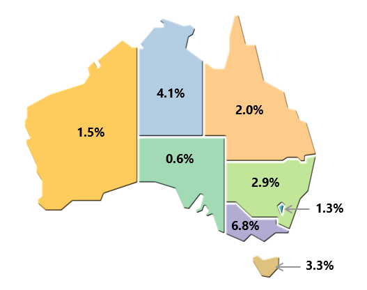 The image is a map of Australia by state/territory showing quarterly volume measures.