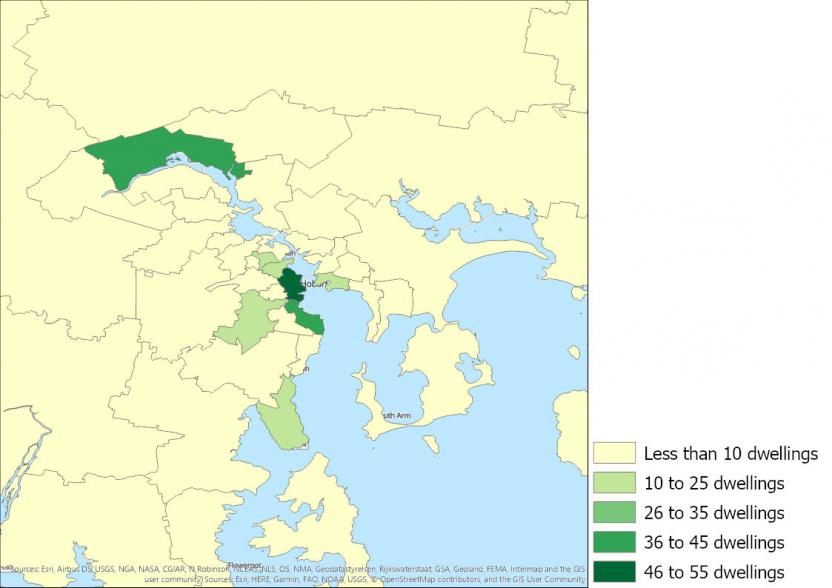 Figure 18: Number of apartments completed, Tasmania SA2s, 2016 to 2019