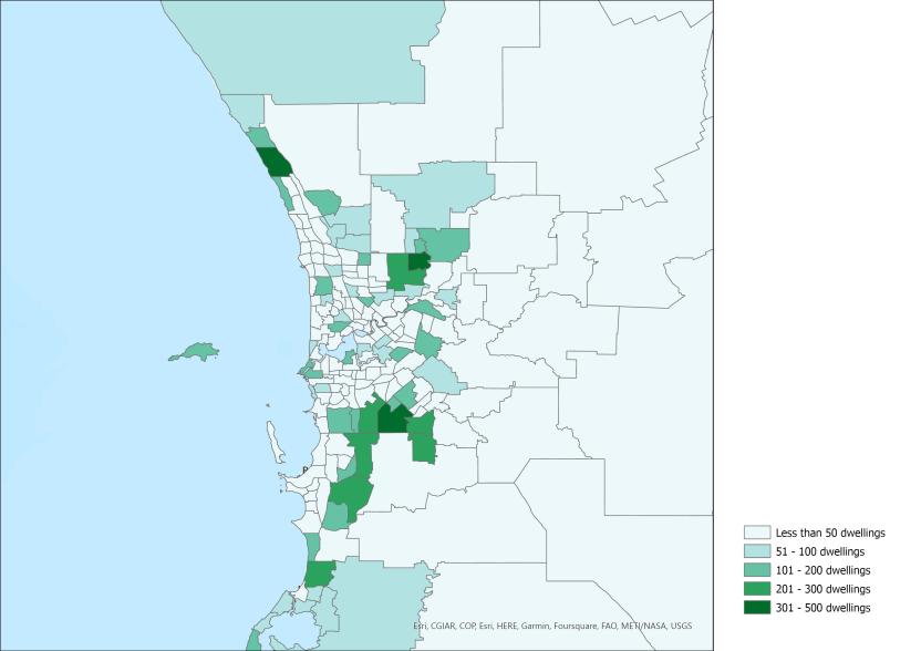 Image of map highlighting areas with the largest dwelling stock growth (number of dwellings), Western Australia SA2s, 2021-22