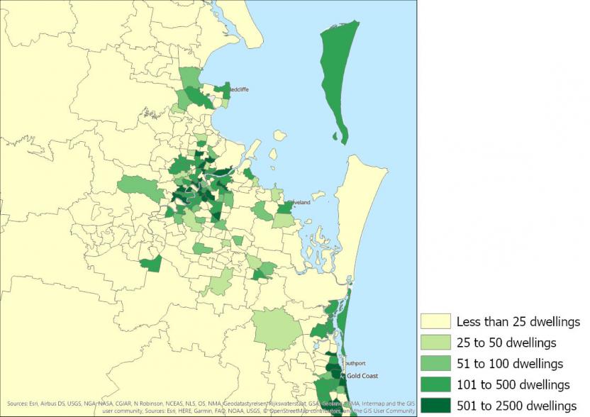 Figure 9: Number of apartments completed, Queensland SA2s, 2016 to 2019