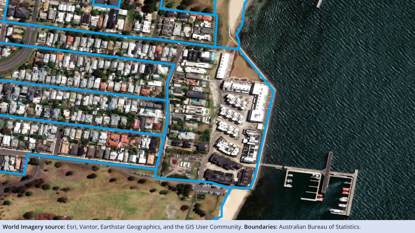 Image showing 2026 Mesh Blocks fully covering a new residential development on the coastline. Full description can be found in the 'Description' tab above the image.