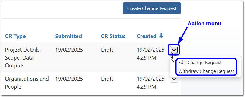 Action menu on Change request drafts