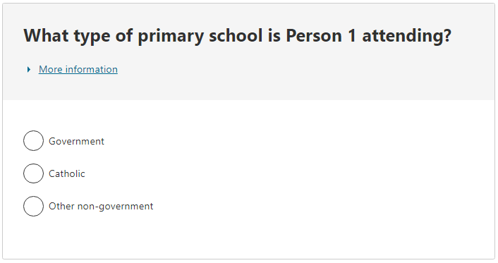 Type of educational institution attending example - Primary school, response selected