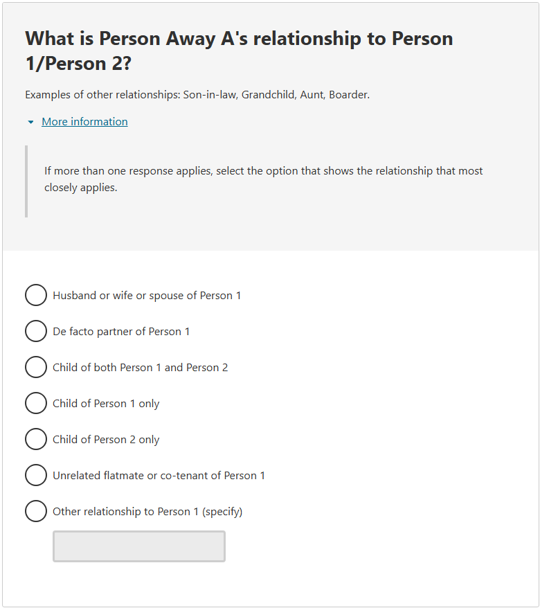 This image shows a question from the 2026 Census online form. This question asks: What is Person Away A's relationship to Person 1/Person 2? 