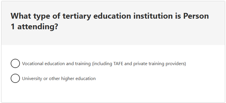 This image shows a question from the 2026 Census online form. This question asks: What type of tertiary education institution is Person 1 attending? 