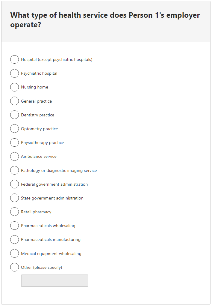 Industry of employment example - Type of health service