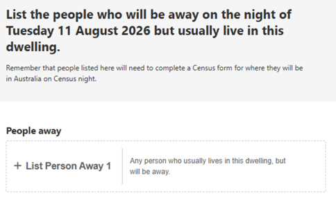 This image shows a question from the 2026 Census online form. This question asks: List the people who will be away on the night of Tuesday 11 August 2026 but usually live in this dwelling 