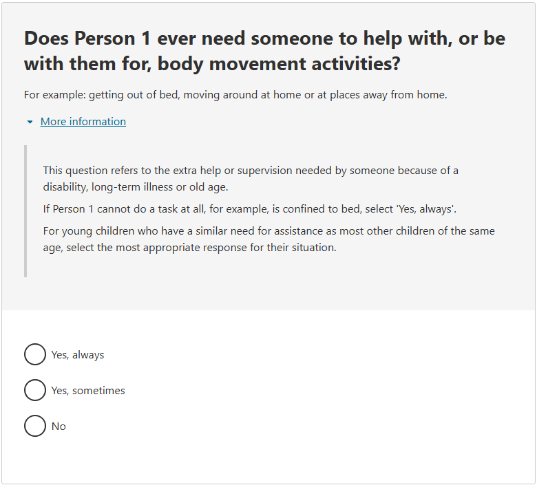 This image shows a question from the 2026 Census online form. This question asks: Does Person 1 ever need someone to help with, or be with them for, body movement activities?