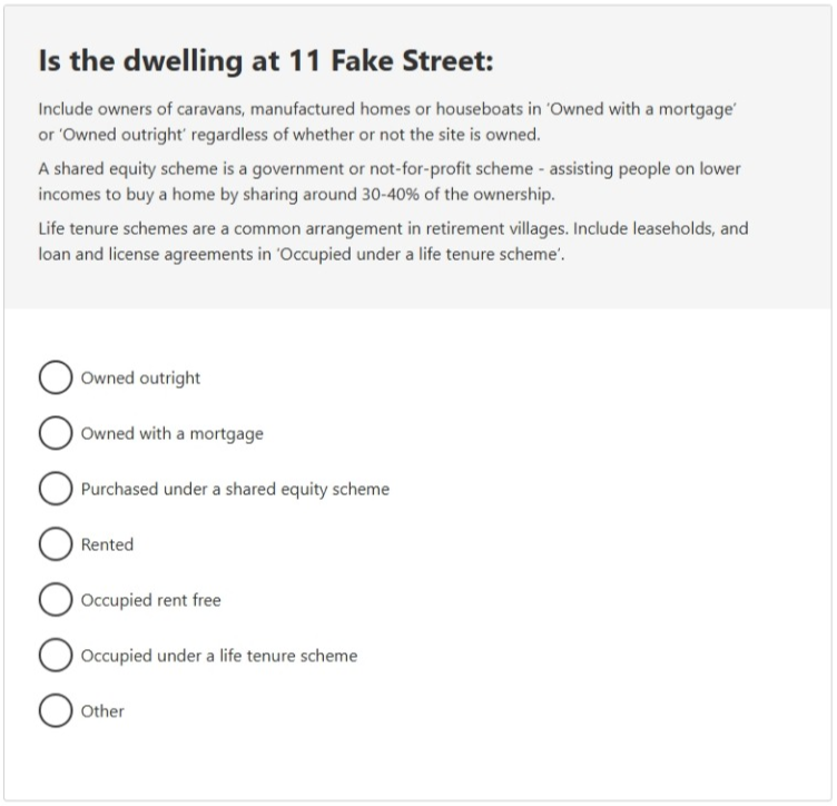 This image shows a question from the 2026 Census online form. This question asks: Is the dwelling at 11 Fake Street: