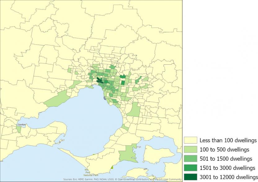 Figure 6: Number of apartments completed, Victoria SA2s, 2016 to 2019