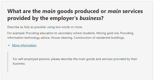 This image shows a question from the 2026 Census online form. This question asks: What are the main goods produced or main services provided by the employer’s business?