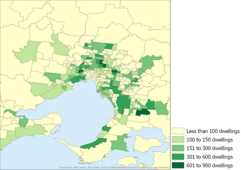 Figure 5: Number of townhouses completed, Victoria SA2s, 2016 to 2019