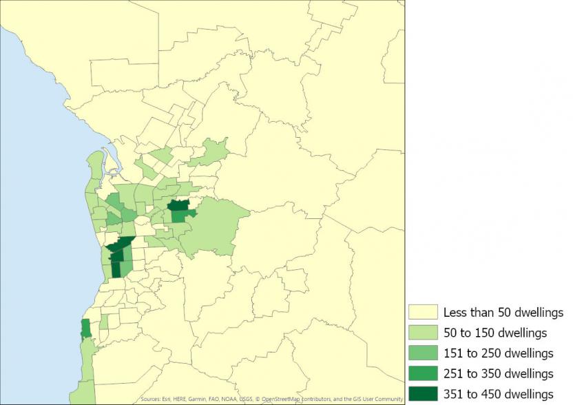 Figure 11: Number of townhouses completed, South Australia SA2s, 2016 to 2019