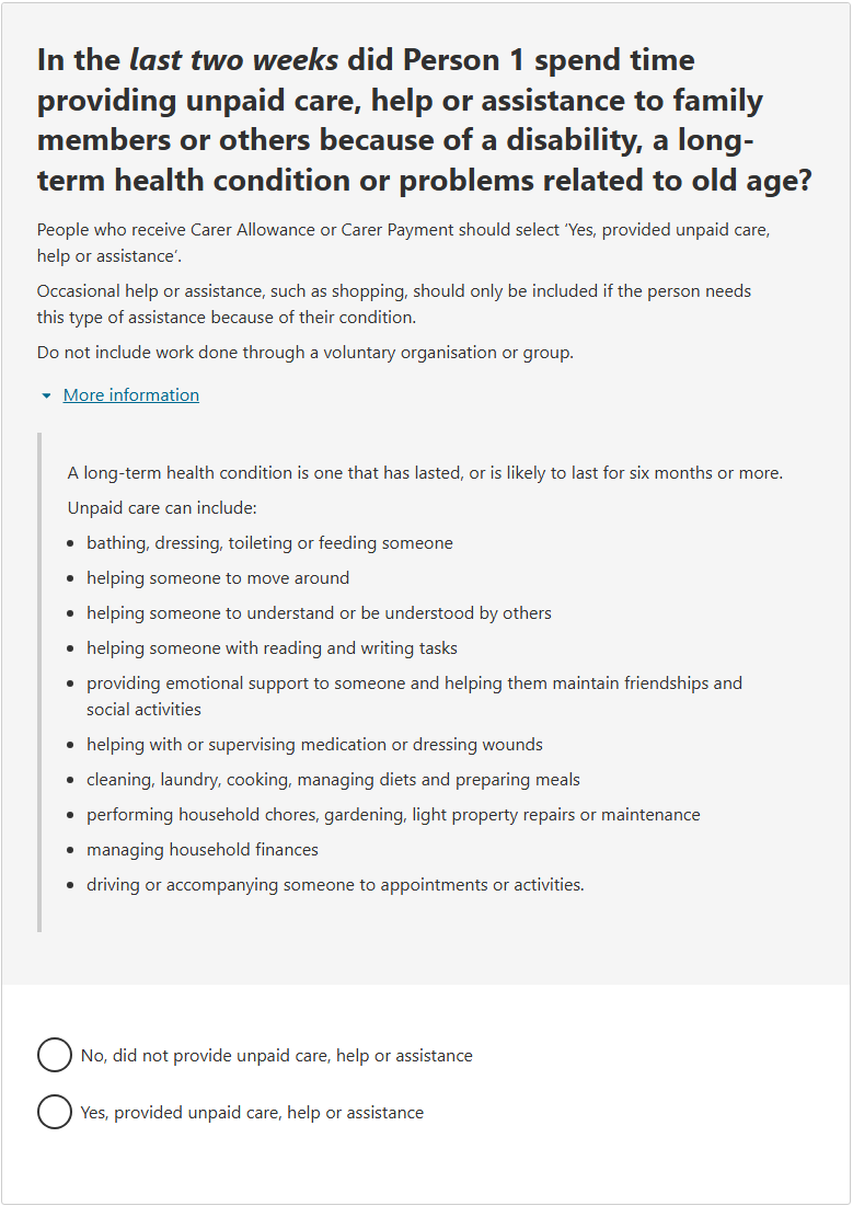 This image shows a question from the 2026 Census online form. This question asks: In the last two weeks did Person 1 spend time providing unpaid care, help or assistance to family members or others because of a disability, a long-term health condition or problems related to old age?