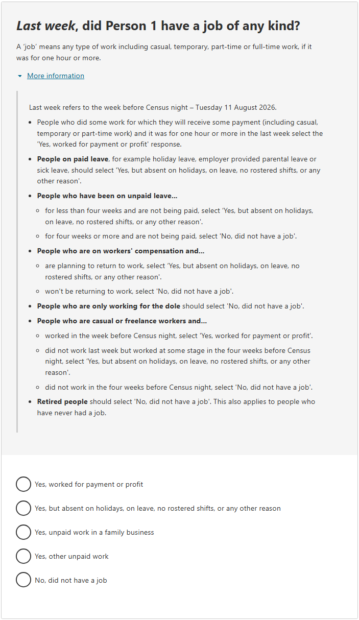 This image shows a question from the 2026 Census online form. This question asks: Last week, did Person 1 have a job of any kind?