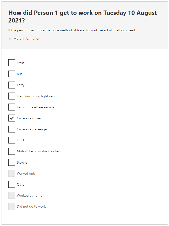 Method of travel to work (15 travel modes) example - car as a driver response selected