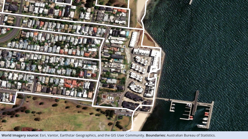 Image showing 2021 Mesh Blocks partially covering a new residential development on the coastline. Full description can be found in the 'Description' tab above the image.