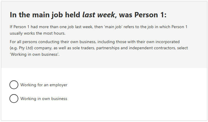 This image shows a question from the 2026 Census online form. This question asks: In the main job held last week, was the person: Working for an employer; Working in own business?