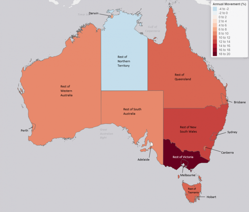 Heat map showing the annual revenue movements for each capital city, state and territory.