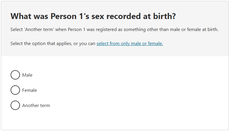 This image shows the sex recorded at birth question from the 2026 Census online form with expanded response options after the respondent has clicked on ‘Select another term’. This question asks: What was Person 1’s sex recorded at birth?