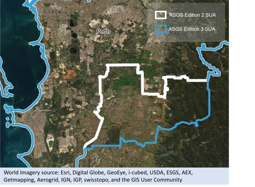 Picture showing aerial satellite imagery of Perth. Image shows the Edition 2 (2016) Perth SUA boundary in white, with the Edition 3 (2021) boundary in blue. 