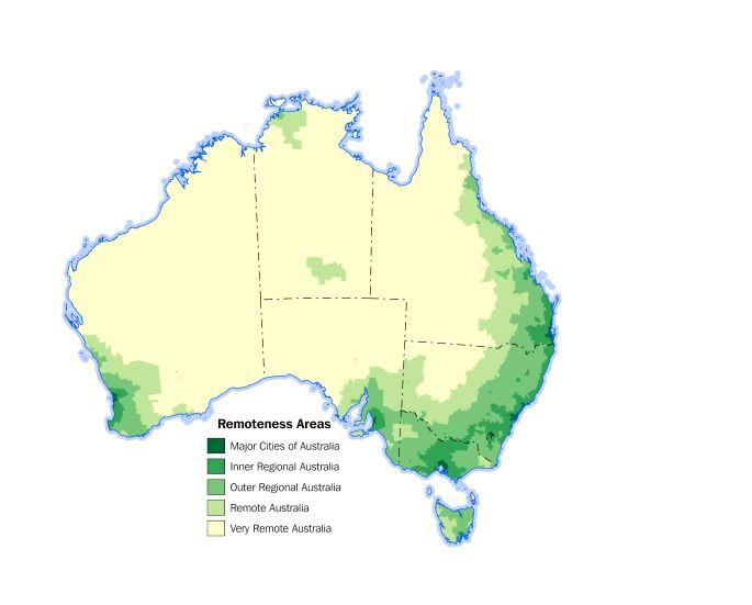 Map detailing the five different Remoteness Area classes which make up the Remoteness Structure. The map shows areas shaded in light to dark green colours, to demonstrate Very Remote Australia, Remote Australia, Outer Regional Australia, Inner Regional Australia and Major Cities of Australia respectively.